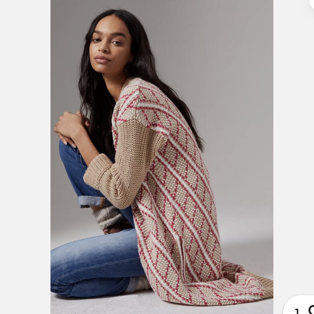 Anthropologie Cream, Tan & Pink Diamond Knit Long Cardigan